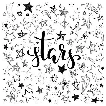 Big set of hand drawn doodle stars black and white isolated on background. Ha Stock Illustration