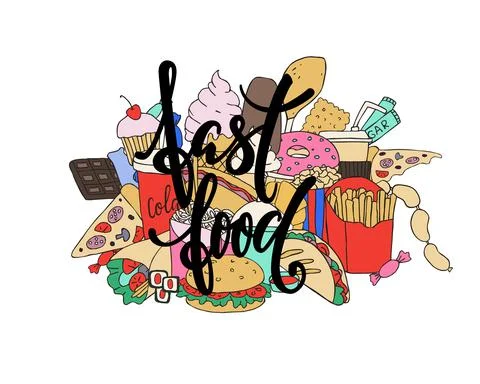 Big set of hand drawn doodle fast food with lettering. Hand drawn calligraphy Stock Illustration