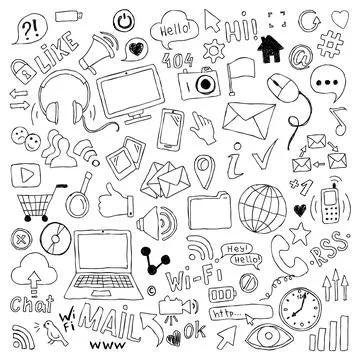 Big set of hand drawn doodle cartoon objects and symbols on the Social Media  Stock Illustration