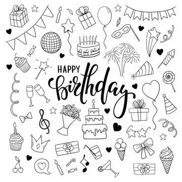 Big set of hand drawn doodle cartoon objects and symbols on the birthday part Stock Illustration