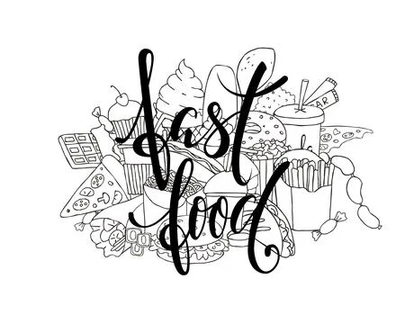Big set of hand drawn doodle fast food with lettering. Stock Illustration