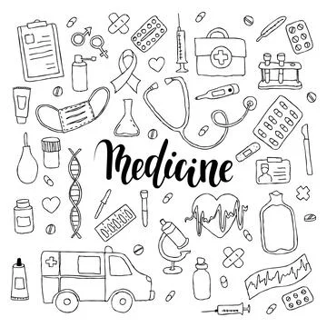 Big set of hand drawn doodle medicine with lettering. Hand drawn calligraph.. Stock Illustration