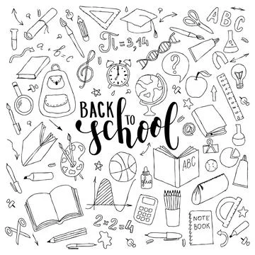 Big set of hand drawn doodle welcome back to school with lettering. Hand dr.. Stock Illustration
