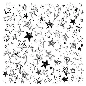 Big set of hand drawn doodle stars black and white isolated on background Stock Illustration