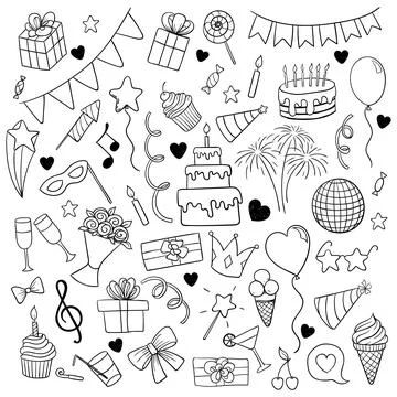 Big set of hand drawn doodle cartoon objects and symbols on the birthday pa.. Stock Illustration