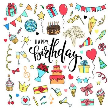 Big set of hand drawn doodle cartoon objects and symbols on the birthday pa.. Stock Illustration