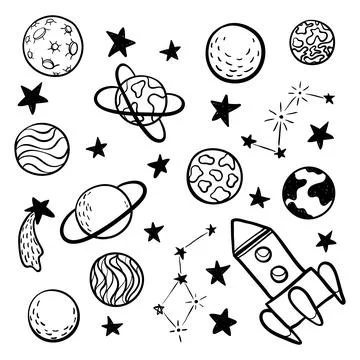 Big set of hand drawn doodle space elements space, rocket, star, planet, sp.. Stock Illustration