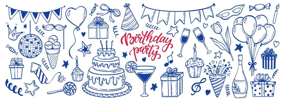 Big set of hand drawn doodle cartoon objects and symbols on the birthday pa.. Stock Illustration