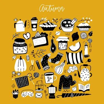 Big set of hand drawn elements of cozy home design. Vector doodle illustration Illustrazione stock