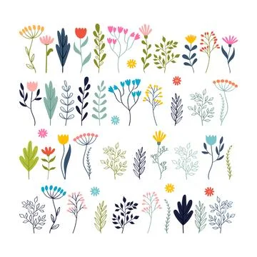 Big set of hand drawn flowers. Cute sketch for bouquet. Floral collection. .. Stock Illustration