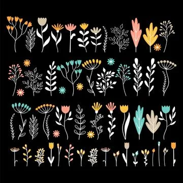 Big set of hand drawn flowers. Floral collection. Cute sketch for bouquet. .. Stock Illustration