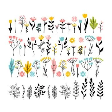 Big set of hand drawn flowers. Floral collection. Doodle style. Cute sketch.. Stock Illustration