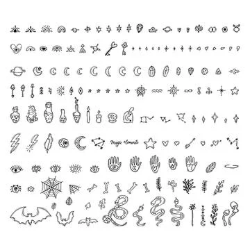 Big set of hand drawn magic elements. Magical witch collection. Boho style... Illustrazione stock