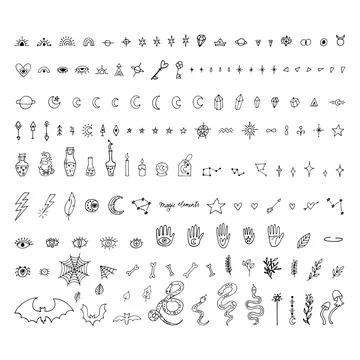 Big set of hand drawn magic elements. Boho style. Magical witch collection... Illustrazione stock