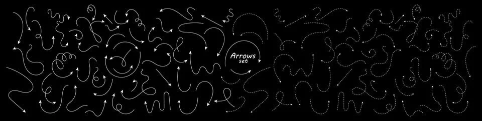 Big set of hand drawn thin line and dash line arrows. Collection of white c.. Stock Illustration