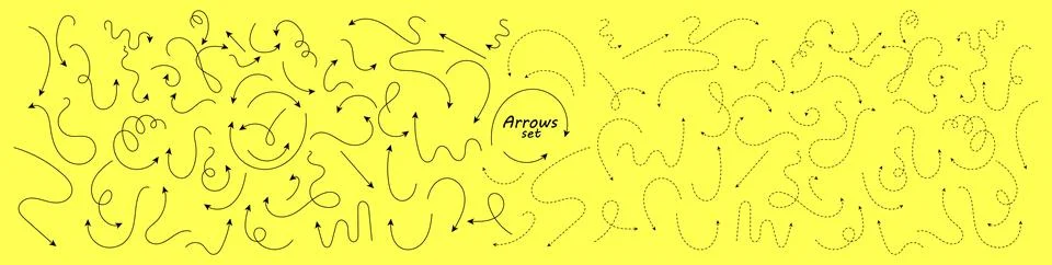 Big set of hand drawn thin line and dash line arrows. Collection of black c.. イラスト素材