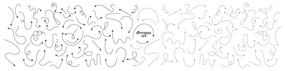Big set of hand drawn thin line and dash line arrows. Collection of black c.. Stock Illustration