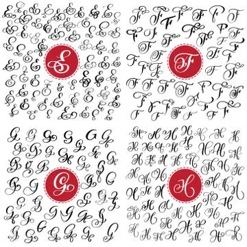 Big Set of Hand drawn vector calligraphy letter E, F, G, H. Script font 스톡 일러스트