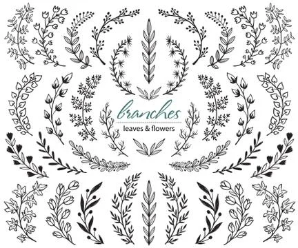 Big set of hand drawn vector plants and branches with leaves, flowers, berries Illustrazione stock