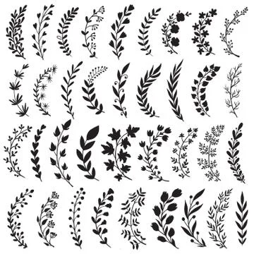 Big set of hand drawn vector plants and branches with leaves, flowers, berries Stock Illustration