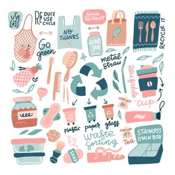 Big Set of hand drawn zero waste elements. Ecological lifestyle concept in tr Stock Illustration