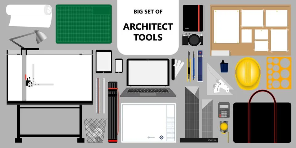 Big set of isolated architect tools. Working and design stuff. Vector illustr Stock Illustration