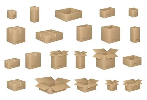 Big Set of isometric cardboard boxes isolated on white. Carton box Organized by Stock Illustration