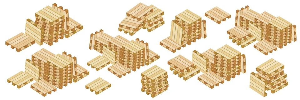 Big set of isometric warehouse pallets for packaging and transportation isolated Illustrazione stock