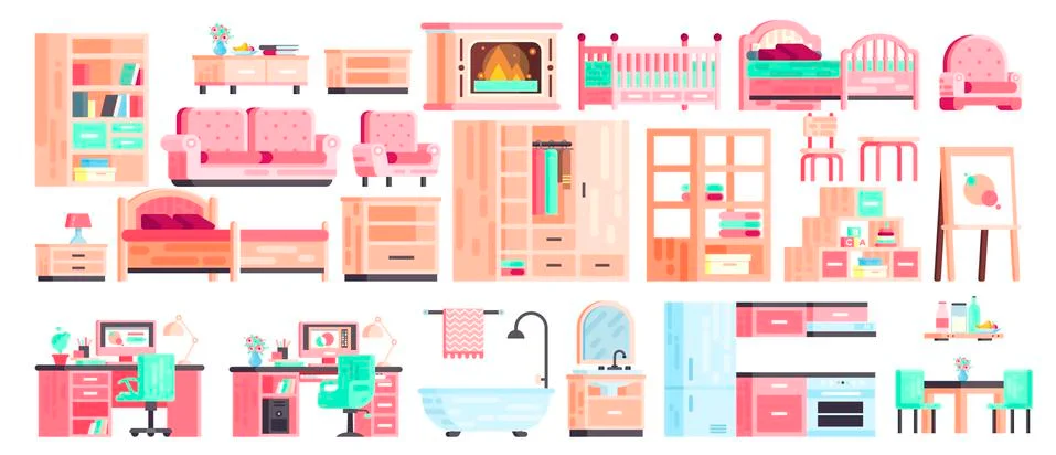 Big set kit collection vector isolated icons of furniture for bathroom interior Illustrazione stock