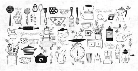 Big set of kitchen doodle sketch utensils on old paper background. Cups, teapots Illustrazione stock