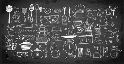 Big set of kitchen doodle sketch utensils on blackboard background. Cups Stock Illustration
