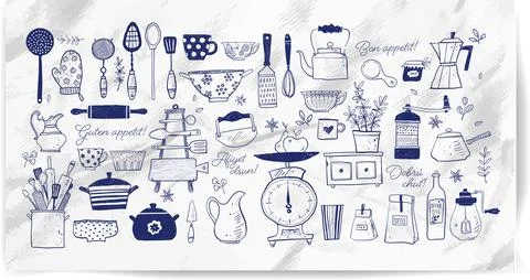 Big set of kitchen doodle sketch utensils hand-drawn with ink on paper. Cups Stock Illustration