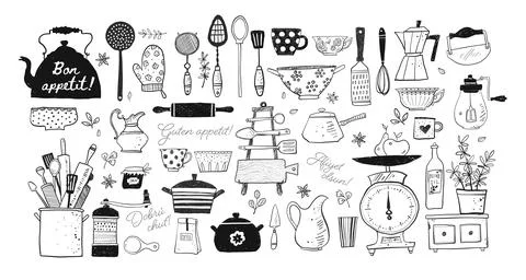 Big set of kitchen doodle sketch utensils hand-drawn with ink on white Illustrazione stock