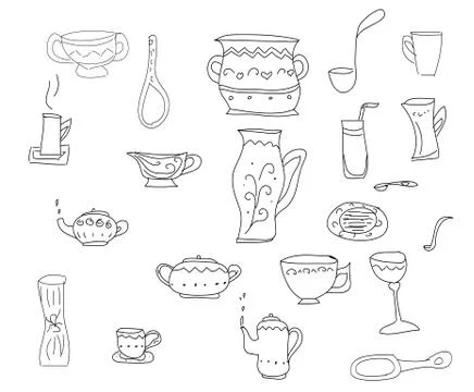 Big set of kitchen tools, vector sketch in simple black lines Stock Illustration