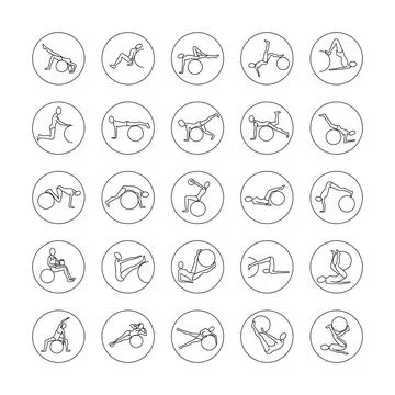 Big set of linear icons. exercise fitball Ilustración de archivo