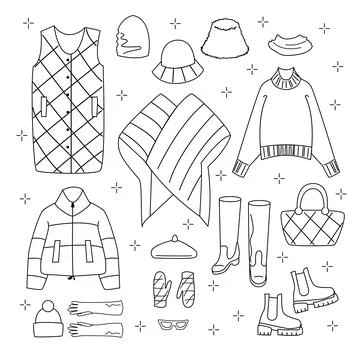 Big set Linear trendy Winter Clothes. Down vest, Panama hat, mittens, glasses Stock Illustration