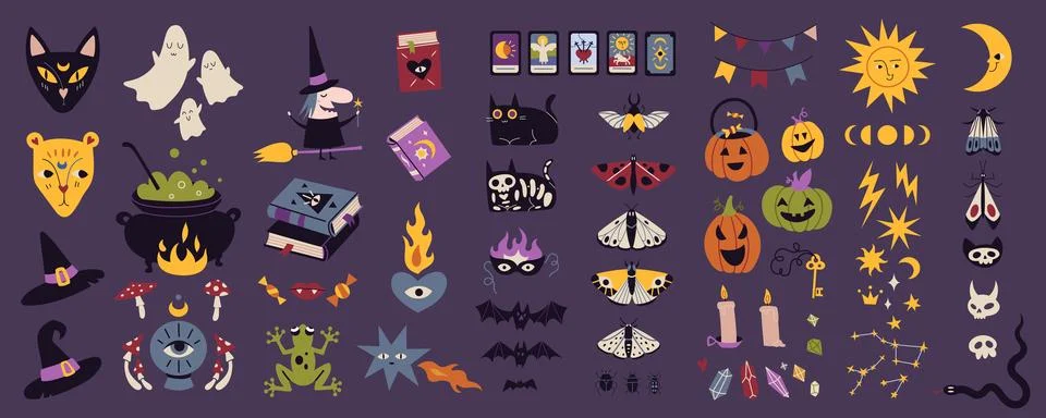 Big set with magic occult things, cartoon style. Witchcraft, withcore aesth.. Stock Illustration