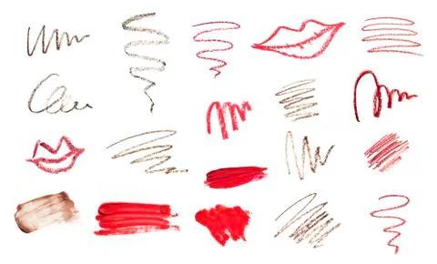 Big set of makeup tools texture. Lipstick, eye brows pencil and shadows. Stock Photos