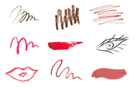 Big set of makeup tools texture. Lipstick, eye brows pencil and shadows. Stock Photos