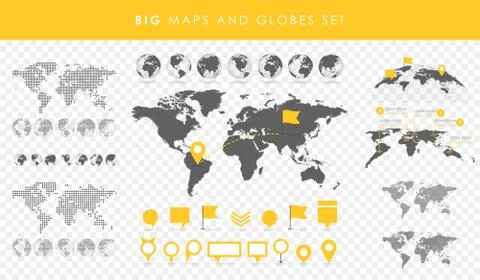 Big set of maps and globes. Pins collection. Different effects. Transparent.. 库存插图