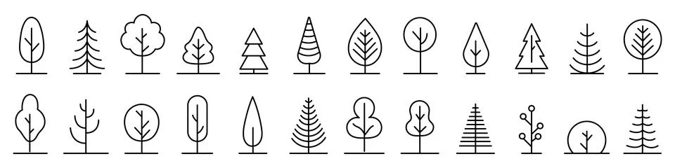 Big set of minimal trees linear icons. Editable stroke Stock Illustration