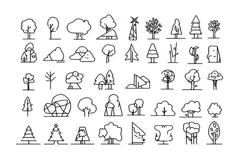 Big set of minimal trees linear icons, tree vector art, cartoon tree art Illustrazione stock