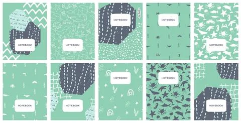 Big set of modern abstract covers designs of sea ocean themes. Blue aquamarine Stock Illustration