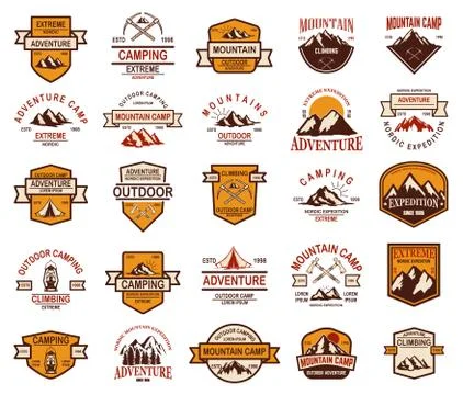 Big set of mountain hiking emblems. Design element for logo, label, sign, ban Stock Illustration