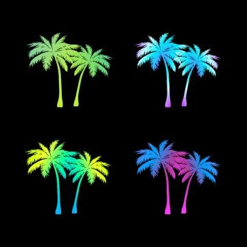 Big set neon rainbow gradient silhouette palm tree Stock Illustration