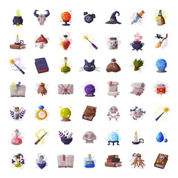 Big Set of Occult Objects for Mystic Rituals, Dagger, Magic Book, Bottle of 스톡 일러스트