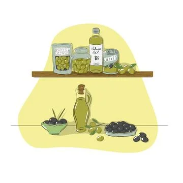 Big Set of olive products on the shelf Stock Illustration