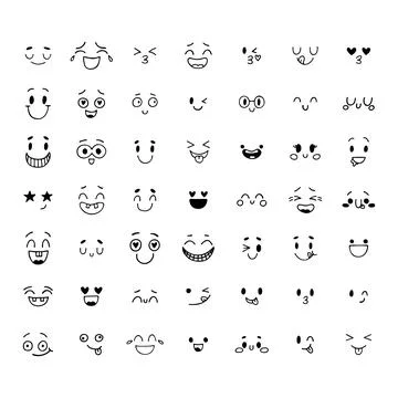 Big set of only happy emojis. Hand drawn funny characters. Sketched facial .. Stock Illustration