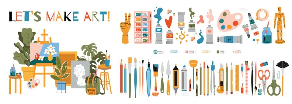 Big set with painting tools elements and Art class studio interior, cartoon.. Stock Illustration