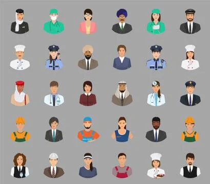 Big set of people avatars with different occupation. Employee and workers fac Stock Illustration